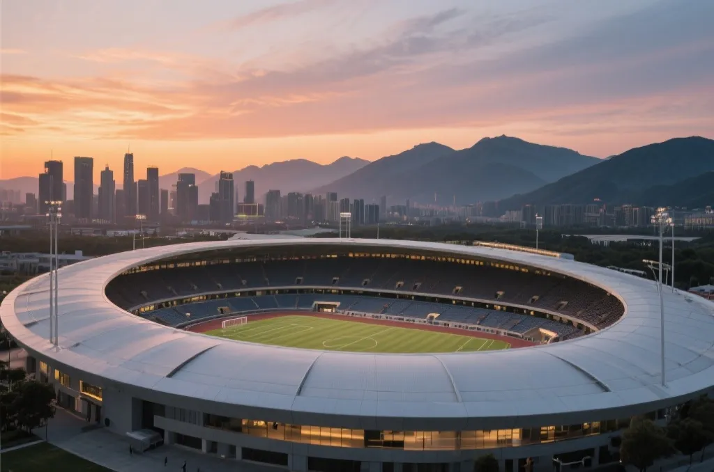 An elegant modern sports stadium set against a scenic city skyline at sunset with mountains in the background